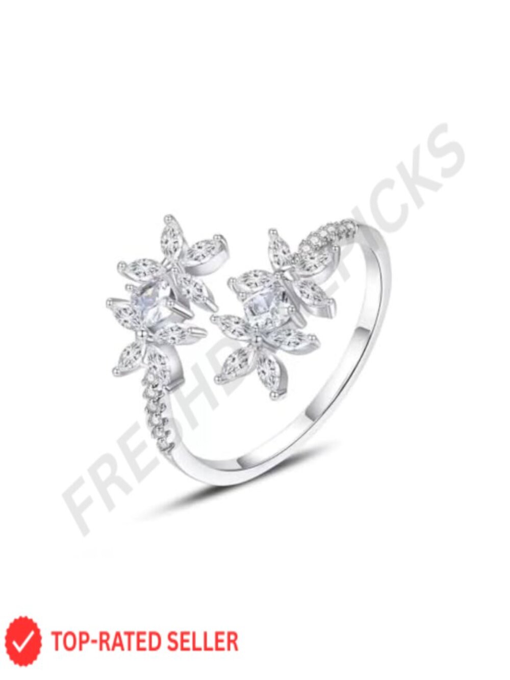 Adjustable Sterling Silver Cubic Zirconia Ring, Leaf Flower Open Style Stackable